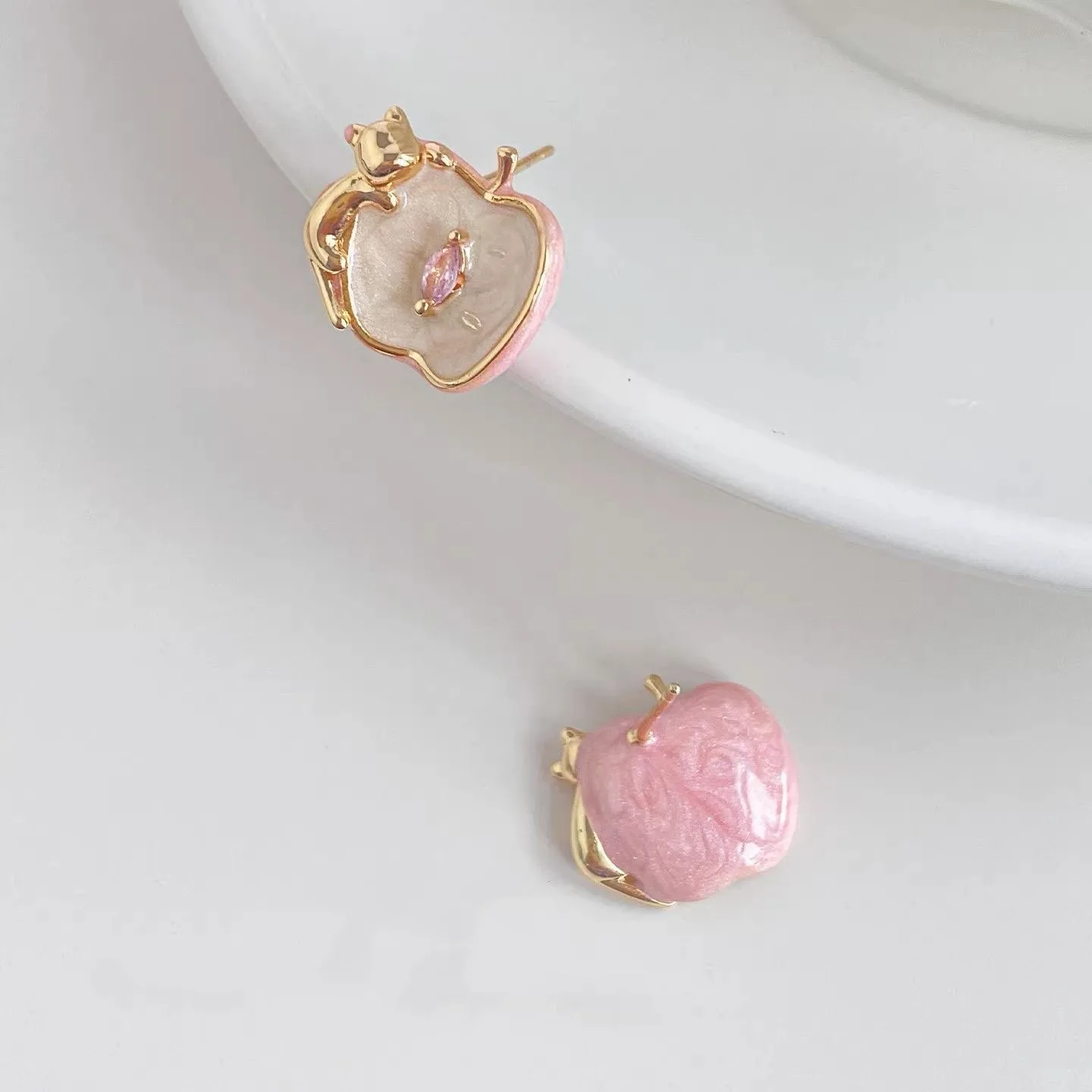 Cat Eating Apple Pink Earrings - alternate view