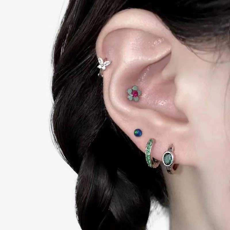 Green Flower Earring Stacks