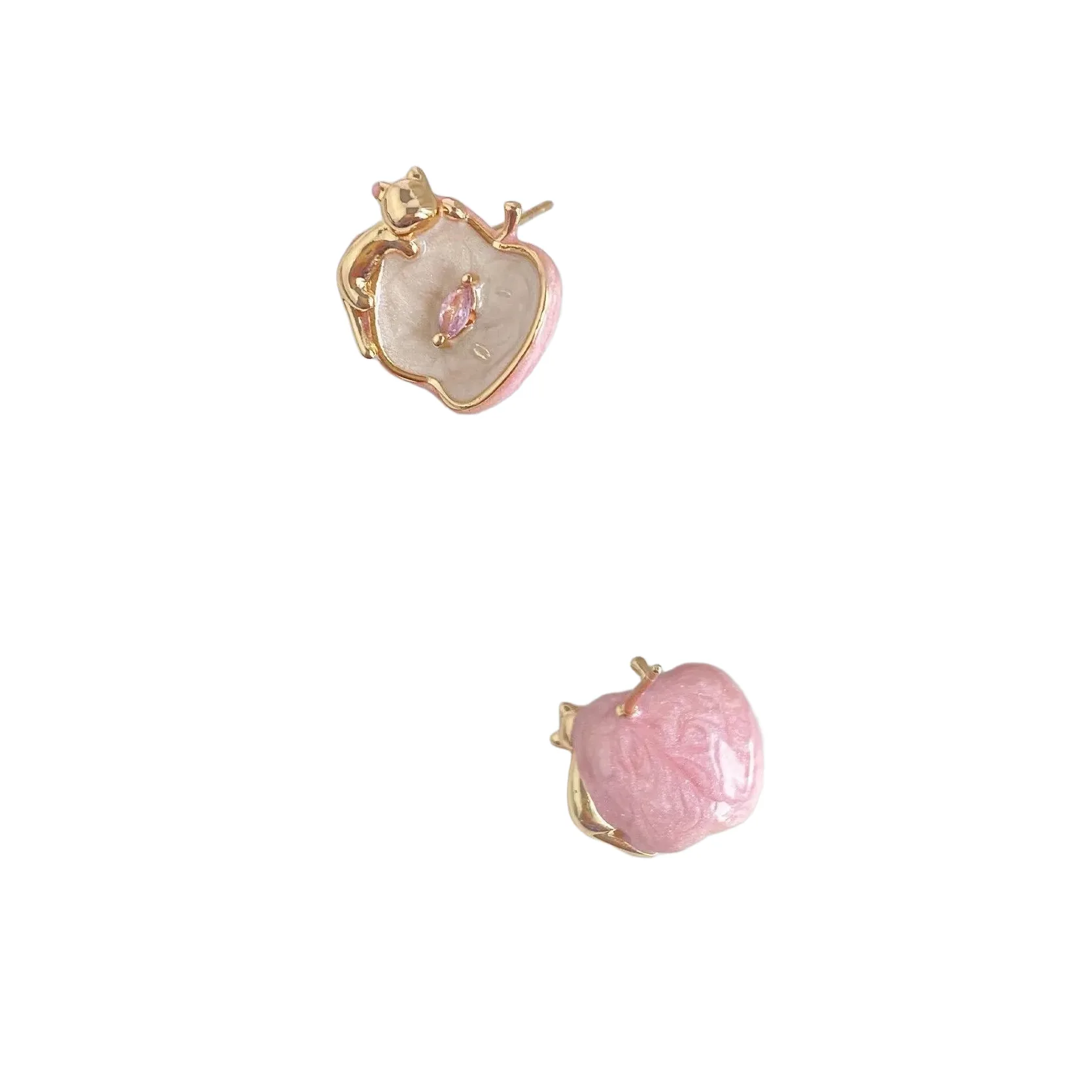 Cat Eating Apple Pink Earrings