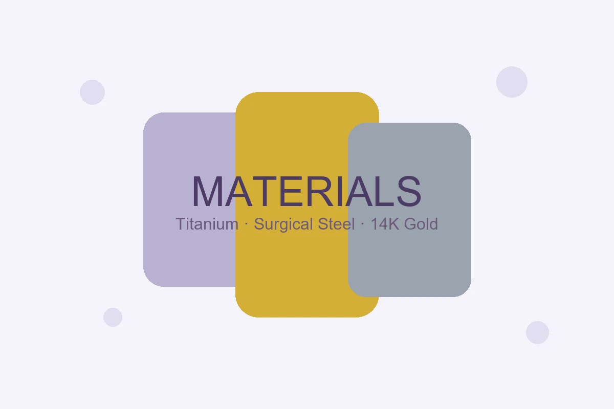 Abstract comparison of titanium, surgical steel, and 14K gold body jewelry materials